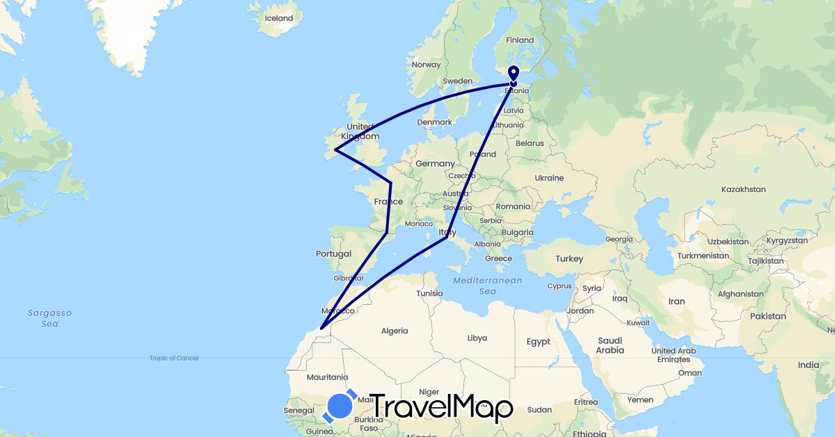 TravelMap itinerary: driving in Andorra, Estonia, France, Ireland, Italy, Morocco (Africa, Europe)