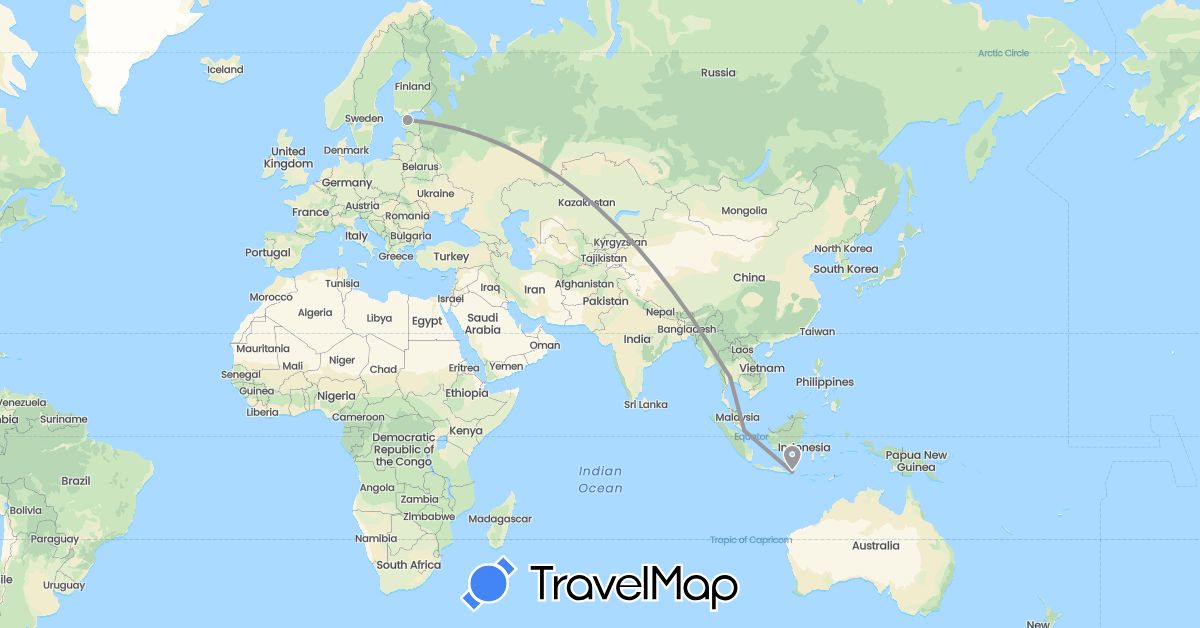 TravelMap itinerary: driving, plane in Estonia, Indonesia, Singapore, Thailand (Asia, Europe)